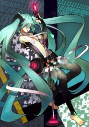  absurdres aqua_eyes aqua_hair barefoot belt binary bridal_gauntlets commentary_request elbow_gloves female fingerless_gloves gloves hatsune_miku hatsune_miku_(append) highres long_hair microphone microphone_stand navel necktie revision shirabi solo toeless_legwear twintails very_long_hair vocaloid vocaloid_append 