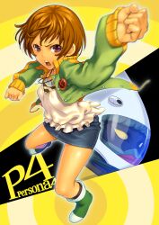  black_socks brown_eyes brown_hair camisole clenched_hands commentary_request denim denim_skirt female foreshortening highres jacket jewelry kung_fu miniskirt motion_blur open_mouth painttool_sai_(medium) pairan pendant persona persona_4 punching satonaka_chie short_hair skirt socks solo standing track_jacket 