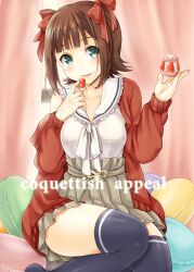  :q amami_haruka blunt_bangs blush bow breasts brown_hair commentary_request courreges_ace cream dessert eating female food food_on_face fruit green_eyes hairbow hands idolmaster idolmaster_(classic) medium_breasts off_shoulder photoshop_(medium) pillow ribbon sitting solo strawberry thighhighs thighs tongue tongue_out zettai_ryouiki 