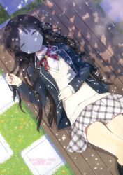  absurdres artist_name bench black_socks blazer brown_hair closed_eyes dappled_sunlight female from_above grass highres jacket kurasawa_moko long_hair lying open_mouth original petals ribbon school_uniform skirt sleeping socks solo sunlight sweater_vest thigh_gap tree_shade 