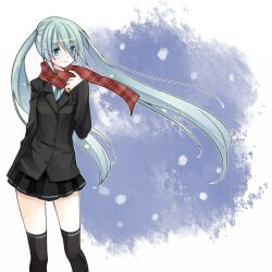  aqua_eyes aqua_hair bad_id bad_pixiv_id blazer female hatsune_miku jacket kyabechi long_hair necktie plaid plaid_scarf red_scarf scarf skirt solo thighhighs twintails very_long_hair vocaloid 