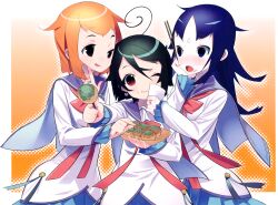  3girls :t ahoge asunaro_school_uniform blue_eyes blue_hair eating food food_on_face glasses highres kazumi_(madoka_magica) long_hair mahou_shoujo_kazumi_magica mahou_shoujo_madoka_magica maki_kaoru misaki_umika multiple_girls official_art one_eye_closed orange_eyes orange_hair school_uniform short_hair smile takoyaki tensugi_takashi unworn_eyewear 