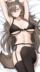  1girls 2024 animal_ears arknights arms_up bangs belly big_breasts blush bra breasts brown_hair brunette_hair covering covering_crotch earrings elderly_female extra_ears fangsod hi_res kemonomimi light-skinned_female light_skin lingerie long_hair looking_at_viewer lying lying_on_back lying_on_bed midriff navel no_panties penance_(arknights) solo tail thighs wolf_tail 