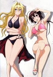  2girls absurdres bikini blonde_hair blue_eyes breasts brown_eyes brown_hair cleavage female highres jpeg_artifacts large_breasts long_hair lying multiple_girls musubi official_art overfiltered screening sekirei swimsuit swimsuits tomooka_shinpei tsukiumi underboob 