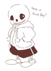  2016 animated_skeleton anterior_nasal_aperture bone brown_and_white clothed clothing crepix dialogue english_text exclamation_point humanoid monochrome not_furry sans_(undertale) simple_background skeleton skull smile solo text undead undertale undertale_(series) 