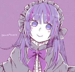  blush bow capelet commentary_request female gothic_lolita headdress lolita_fashion long_hair looking_at_viewer marie_marie multicolored_hair nagi_(0715) purple_bow purple_eyes purple_hair smile solo sound_horizon streaked_hair vanishing_starlight 