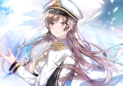  brown_eyes brown_hair commentary epaulettes female flower hair_flower hair_ornament hat idolmaster idolmaster_cinderella_girls idolmaster_cinderella_girls_starlight_stage long_hair looking_at_viewer military military_hat military_uniform naval_uniform nennen nitta_minami peaked_cap seizon_honnou_valkyria_(idolmaster) solo symbol-only_commentary uniform 