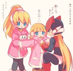  1boy 2girls alouette_(rockman_zero) android bangs black_eyes black_legwear blonde_hair blue_eyes blunt_bangs blush capcom ciel_(rockman) coat feline gloves headgear helmet inti_creates lolicon long_hair ma_rudai multiple_girls one_knee open_mouth pink_coat robot_ears rockman rockman_zero standing stuffed_animal stuffed_toy text_focus white_background white_gloves zero_(rockman) 