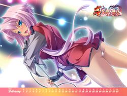  ass blue_eyes blush copyright_name dark-skinned_female dark_skin dutch_angle female fingerless_gloves gloves highres koihime_musou looking_at_viewer looking_back microphone open_mouth panties pink_hair solo sonken stage stage_lights underwear 