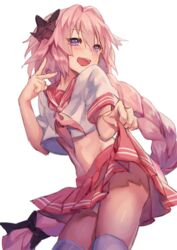  1boy astolfo_(fate) astolfo_(sailor_paladin)_(fate) bad_id bad_pixiv_id black_bow bow braid commentary_request fate/apocrypha fate/grand_order fate_(series) garter_straps hair_intakes hair_ribbon long_hair looking_at_viewer male_focus multicolored_hair oerba_yun_fang official_alternate_costume oninaart open_mouth otoko_no_ko panties pantyshot pink_hair purple_eyes red_sailor_collar red_skirt ribbon sailor_collar school_uniform serafuku single_braid skirt solo streaked_hair underwear upskirt white_panties 