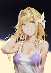  bare_shoulders bikini bikini_under_clothes blonde_hair blue_eyes breasts cancer_(zjcconan) cleavage collarbone commentary_request female flower granblue_fantasy hair_flower hair_intakes hair_ornament hairband jeanne_d&#039;arc_(granblue_fantasy) jeanne_d&#039;arc_(summer)_(granblue_fantasy) official_alternate_costume open_mouth signature solo swimsuit tank_top wet wet_clothes 