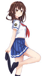  :o abe_kanari adjusting_clothes adjusting_legwear black_socks blue_skirt breasts brown_eyes brown_hair commentary_request emblem female from_side high_school_fleet kneehighs kuroki_hiromi leg_up long_hair looking_at_viewer medium_breasts neckerchief parted_lips photoshop_(medium) pleated_skirt red_neckerchief school_uniform serafuku short_sleeves simple_background skirt socks solo standing standing_on_one_leg white_background yokosuka_girls_marine_high_school_uniform 