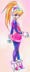  blonde_hair blue_eyes blush bodystocking capcom ciel_(rockman_zero) female female full_body gloves hair_between_eyes headgear high_heels inti_creates kon_(kin219) long_hair looking_back miniskirt pink_skirt rockman rockman_zero shoes simple_background skirt solo standing white_gloves 