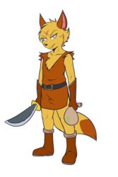  2018 anthro belt boots canid canine chest_tuft clothed clothing crackers fangs footwear fox fur gloves handwear hi_res keaton_(minish_cap) keaton_(tloz) male mammal melee_weapon minish_cap money_bag nintendo orange_body orange_eyes orange_fur shirt solo standing sword teeth the_legend_of_zelda topwear tuft tunic weapon 