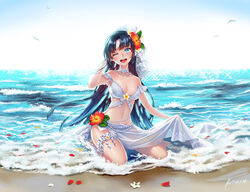  :d adapted_costume arm_behind_head bad_id bad_pixiv_id bare_arms bare_shoulders barefoot beach beads bikini black_hair blue_eyes breasts bridal_garter bridal_veil bride briska choker cleavage day female flower frills full_body gem hair_flower hair_ornament hand_in_own_hair hand_on_own_head hibiscus lace lace-trimmed_choker lace_trim leaf long_hair looking_at_viewer medium_breasts navel ocean off_shoulder on_ground open_mouth original outdoors parted_bangs pearl_(gemstone) petals photoshop_(medium) plumeria ribbon sarong see-through sitting sky smile solo sparkle stomach summer swimsuit veil very_long_hair wariza water white_bikini white_flower white_ribbon 