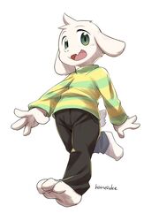  2016 3_toes 4_fingers anthro asriel_dreemurr barefoot better_version_at_source biped boss_monster_(undertale) bovid caprine feet fingers green_eyes happy harusuke hi_res male mammal simple_background smile solo toes tuft undertale undertale_(series) walking white_background young 