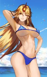  ;d alternate_costume arm_behind_head arm_up armpits bikini blonde_hair blue_bikini breasts cloud commentary_request cowboy_shot day female groin hand_on_own_hip highres horns hoshiguma_yuugi kinketsu long_hair looking_at_viewer navel one_eye_closed open_mouth orange_eyes single_horn sky smile solo star_(symbol) swimsuit touhou 