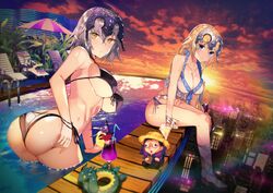  ahoge ass bangs banned_artist bikini blonde_hair blue_eyes blush braid breasts butt_crack caster_(fate/zero) chair cityscape cleavage closed_mouth collarbone commentary_request evening eyebrows_visible_through_hair fate/grand_order fate_(series) gilles_de_rais_(fate/grand_order) hand_on_own_ass headpiece highres jeanne_d&#039;arc_(alter)_(fate) jeanne_d&#039;arc_(fate) jeanne_d&#039;arc_(fate)_(all) jeanne_d&#039;arc_alter_santa_lily large_breasts leaning_forward long_hair looking_at_viewer looking_back lounge_chair medium_breasts multiple_girls navel outdoors pool sandals shiny shiny_skin short_hair sidelocks silver_hair single_braid sitting sky smile sparkle star_(sky) starry_sky stomach stuffed_toy swimsuit tetsubuta very_long_hair yellow_eyes 