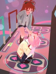  2girls arcade_cabinet boots bow casual commentary dance_dance_revolution face_in_hands hairbow kaname_madoka long_hair mahou_shoujo_madoka_magica mahou_shoujo_madoka_magica_portable mitakihara_school_uniform multiple_girls oerba_yun_fang pink_eyes pink_hair ponytail red_eyes red_hair sakura_kyoko school_uniform she_li_(lynxm) short_twintails shorts squatting twintails very_long_hair 