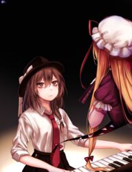  2girls black_hat black_skirt blonde_hair bow brown_eyes brown_hair closed_mouth collared_shirt commentary_request folding_fan gap_(touhou) gloves hairbow hand_fan hat hat_bow hat_ribbon highres instrument long_hair mob_cap multiple_girls music necktie playing_instrument playing_piano puffy_short_sleeves puffy_sleeves red_bow red_necktie red_ribbon ribbon shan shirt short_sleeves skirt sleeves_rolled_up touhou usami_renko white_bow white_gloves white_shirt yakumo_yukari 