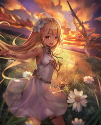  armpits belt blonde_hair bracelet brown_eyes cloud commentary_request dragon dress female field flower flying grass hair_flower hair_ornament highres jewelry long_hair mouth_hold necklace open_mouth original outdoors outstretched_hand sachi_(160332) sky sleeveless sleeveless_dress smile sunset thigh_strap white_dress wings 