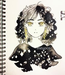  artist_name bad_id bad_instagram_id binder_clip black_hair cropped_shoulders cropped_torso earrings female grey_hair highres inktober jewelry limited_palette looking_at_viewer medium_hair meyoco original photo_(medium) portrait solo spot_color star_(symbol) traditional_media watermark yellow_eyes 