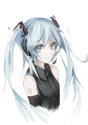  bad_id bad_pixiv_id black_necktie black_shirt blue_eyes blue_hair commentary_request detached_sleeves female floating_hair gyup hair_between_eyes hatsune_miku headphones highres long_hair looking_at_viewer microphone necktie shirt simple_background sleeveless sleeveless_shirt smile solo tattoo twintails upper_body vocaloid white_background 