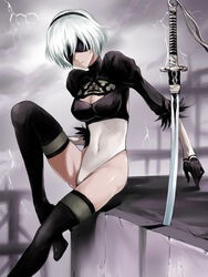  2b_(nier:automata) bad_id bad_pixiv_id black_blindfold blindfold breasts cleavage cleavage_cutout clothing_cutout commentary_request covered_eyes covered_navel covered_nipples female fengya fuchi_(hilt) groin habaki katana leotard lightning medium_breasts mole mole_under_mouth nier:automata nier_(series) photoshop_(medium) planted planted_sword short_hair skindentation solo sword thighhighs thighs tsuba_(guard) tsuka_(handle) weapon white_background 