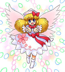  :d blonde_hair blush bobby_socks bow cherry_blossom_print commentary_request danmaku dress fairy_wings female floral_print flying hairbow hat hidden_star_in_four_seasons lily_white long_hair long_sleeves looking_at_viewer multicolored_background nitamago no_shoes open_mouth outstretched_arms red_bow sash sidelocks smile socks solo touhou white_dress white_hat white_socks wings 