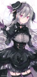  commentary female garter_straps gothic_lolita grey_hair hair_down hat idolmaster idolmaster_cinderella_girls idolmaster_cinderella_girls_starlight_stage kanzaki_ranko lolita_fashion long_hair nennen purple_eyes solo symbol-only_commentary thighhighs 