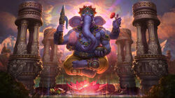  1boy abhaya_mudra armlet backlighting barefoot blue_eyes blue_skin bowl bracer broken_tusk coconut colored_skin commentary_request elephant_boy extra_arms fat fat_man fingernails floating flower food fruit full_body furry furry_male ganesha_(smite) gem grapes grass half_lotus_position hat headdress highres hindu_mythology hinduism holding holding_bowl holding_flower holding_weapon jewelry jon_neimeister leaf levitation light_particles looking_at_viewer lotus male_focus mouse_(animal) mudra necklace nipples official_art open_hand outdoors pants pear photoshop_(medium) pillar sky smite solo tattoo toenails topless_male vitarka_mudra weapon 