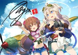  2girls :d ahoge aircraft airplane bare_shoulders black_shorts blue_eyes blue_shorts bridget_kirkland brown_eyes brown_hair commentary_request cowboy_shot detached_sleeves dutch_angle formation_girls goggles goggles_around_neck goggles_on_head green_shirt hair_ornament hair_ribbon hairclip il-2 koyoi_mitsuki leika_fyodrina_ermakova long_hair midriff multiple_girls navel oerba_yun_fang open_mouth pink_ribbon ribbon shirt shorts signature smile tied_shirt white_hair 