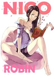  alone black_hair blue_eyes book female female flower_petals glasses long_hair nico_robin one_piece reading simple_background sitting tagme white_background 