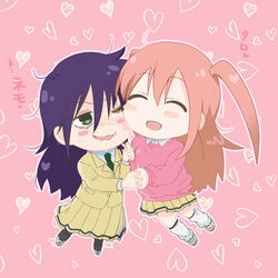  2girls ;t ^_^ bags_under_eyes black_pantyhose blazer blush blush_stickers cheek-to-cheek cheek_squash chibi closed_eyes commentary_request green_eyes green_necktie heads_together heart heart_background holding_hands jacket kuroki_tomoko long_hair long_skirt loose_socks messy_hair multiple_girls necktie nemoto_hina one_eye_closed pantyhose pink_background pink_sweater pleated_skirt school_uniform shoes skirt socks souta_555 sweatdrop sweater translated two_side_up uwabaki watashi_ga_motenai_no_wa_dou_kangaetemo_omaera_ga_warui! wavy_mouth white_socks 