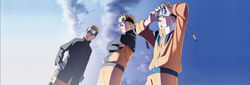  3boys adjusting_clothes adjusting_headwear age_progression armband bandaged_arm bandages blonde_hair blue_eyes blue_sky cloud commentary_request crossed_arms facial_mark forehead_protector hand_on_own_hip highres jacket multiple_boys multiple_persona naruto:_the_last naruto_(series) naruto_shippuuden nishio_tetsuya official_art sky smile spiked_hair sunlight third-party_source uzumaki_naruto whisker_markings zipper zipper_pull_tab 