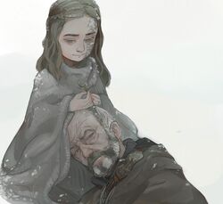  1boy a_song_of_ice_and_fire beard braid braiding_hair brown_hair cloak commentary_request davos_seaworth facial_hair feason female game_of_thrones grey_eyes grey_hair hairdressing lap_pillow scar scar_on_face shireen_baratheon snowing 