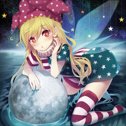  :o alstroemeria_records alternate_legwear american_flag_dress american_flag_legwear arm_rest arm_support asymmetrical_clothes blonde_hair blue_nails blush clownpiece commentary_request crescent_moon dress fairy_wings female fingernails full_moon hair_between_eyes hat head_tilt jester_cap kneeling leaning_forward long_hair looking_at_viewer minamura_haruki moon nail_polish neck_ruff no_shoes parted_lips polka_dot polka_dot_headwear red_eyes red_nails ripples short_dress solo star_(symbol) star_print striped_clothes striped_dress striped_thighhighs thighhighs touhou water wings zettai_ryouiki 