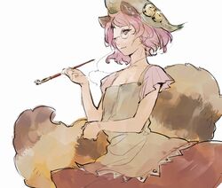  animal_ears asakura_noi bell brown_eyes brown_hair commentary_request female futatsuiwa_mamizou glasses kiseru leaf_hat looking_at_viewer one_eye_closed raccoon_ears raccoon_tail short_hair skirt smile smoking_pipe solo tail touhou white_background 