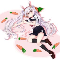  animal_ears azur_lane black_sailor_collar black_skirt black_socks blush brown_footwear carrot carrot-shaped_pillow character_name closed_mouth commentary female hair_between_eyes hair_ornament hairband kneehighs laffey_(azur_lane) loafers long_hair looking_at_viewer lying neckerchief on_side paaam pillow pleated_skirt rabbit_ears red_eyes red_hairband red_neckerchief sailor_collar school_uniform serafuku shirt shoes short_sleeves skirt socks solo twintails very_long_hair white_hair white_shirt 