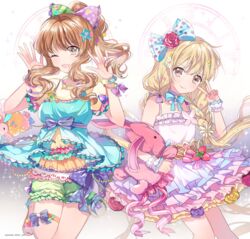  2girls :3 blonde_hair blush breasts brown_eyes brown_hair commentary dress futaba_anzu hair_ornament idolmaster idolmaster_cinderella_girls idolmaster_cinderella_girls_starlight_stage long_hair medium_breasts moroboshi_kirari multiple_girls nennen one_eye_closed open_mouth star_(symbol) star_hair_ornament stuffed_animal stuffed_rabbit stuffed_toy symbol-only_commentary twintails 