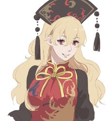  asakura_noi blonde_hair chinese_clothes commentary_request female fengguan hat junko_(touhou) long_hair looking_at_viewer red_eyes smile solo tabard touhou white_background 