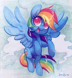  2018 blue_body blue_feathers celebi-yoshi cloud cutie_mark equid equine eyelashes feathered_wings feathers female feral flying friendship_is_magic hair happy hasbro hi_res hooves looking_at_viewer mammal marker_(artwork) multicolored_hair my_little_pony mythological_creature mythological_equine mythology open_mouth open_smile outside pegasus portrait purple_eyes rainbow_dash_(mlp) rainbow_hair signature sky smile solo spread_wings tongue traditional_media_(artwork) wings 