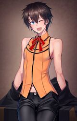  1boy androgynous black_hair black_legwear blue_eyes blush cosplay fate/grand_order fate_(series) male_focus male_protagonist_(fate/grand_order) navel ribbon shijiu_(adamhutt) shirt shorts sitting smile thighs 