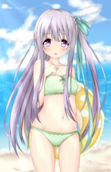  beach bikini breasts cloud commentary_request day female gotou_jun green_bikini innertube long_hair looking_at_viewer navel ocean one_side_up outdoors purple_eyes purple_hair ribbon side-tie_bikini_bottom sky small_breasts smile solo stomach strapless strapless_bikini swim_ring swimsuit tear_u tenshi_no_3p! tube_top very_long_hair 