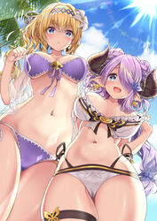  2girls bare_shoulders bikini blonde_hair blue_eyes blue_sky blush breasts butterfly_earrings cameltoe cleavage closed_mouth collarbone commentary_request day diadem double_bun draph earrings flower frilled_bikini frills front-tie_bikini_top front-tie_top granblue_fantasy hair_between_eyes hair_bun hair_flower hair_intakes hair_ornament hair_over_one_eye hairclip hakui_ami heart heart-shaped_pupils highres hip_focus horns jeanne_d&#039;arc_(granblue_fantasy) jeanne_d&#039;arc_(summer)_(granblue_fantasy) jewelry large_breasts light_purple_hair lily_(flower) long_hair low_tied_hair multiple_girls narmaya_(granblue_fantasy) narmaya_(summer)_(granblue_fantasy) navel official_alternate_costume open_mouth outdoors palm_tree photoshop_(medium) purple_bikini side-tie_bikini_bottom sky smile standing strap_pull sunlight swimsuit symbol-shaped_pupils thigh_strap thighs tree white_bikini 