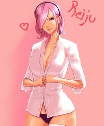  alone breasts cleavage curly_eyebrow female female hairband heart lipstick one_piece panties pink_background pink_hair purple_eyes short_hair smile solo standing tagme unbuttoning vinsmoke_reiju 