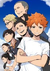  6+boys azumane_asahi black_hair blonde_hair blue_sky closed_eyes cloud cloudy_sky commentary_request crossed_arms day enami_katsumi glasses grey_eyes grey_hair grin haikyuu!! high_collar hinata_shouyou kageyama_tobio looking_at_viewer male_focus multiple_boys nishinoya_yuu orange_hair parted_lips sawamura_daichi shirt short_hair short_sleeves sky smile standing tanaka_ryuunosuke tsukishima_kei very_short_hair white_shirt 