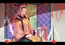  blonde_hair chinese_commentary commentary drum female hat highres instrument kagari6496 letterboxed long_hair mask matara_okina mouth_mask photoshop_(medium) seiza sitting solo tabard touhou tsuzumi wide_sleeves 