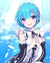  :d black_ribbon blue_eyes blue_hair blush choker commentary_request day detached_sleeves female flower hair_between_eyes hair_ribbon head_wreath hinata_(sky) looking_at_viewer maid neck_ribbon open_mouth outdoors petals pink_ribbon re:zero_kara_hajimeru_isekai_seikatsu rem_(re:zero) ribbon roswaal_mansion_maid_uniform short_hair smile solo standing tears white_flower 