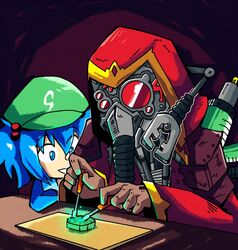  1boy adeptus_mechanicus blue_eyes blue_hair blue_shirt chisel commentary crossover cyborg dark_background english_commentary extra_arms female glowing goggles green_hat hair_bobbles hair_ornament hat hood kawashiro_nitori mask mechanical_arms mini-hakkero rebreather red_goggles red_hood red_robe robe setz shirt short_hair single_mechanical_arm smile sparks table techpriest touhou tube twintails warhammer_40k 